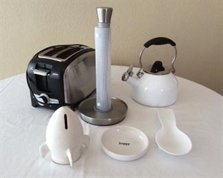 Assorted Kitchen Items including Toaster, Tea Kettle, Paper Towel Holder and more!