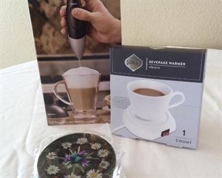 Bonjour Rechargeable Latte Frother, Electric beverage Warmer and Botanical Coasters