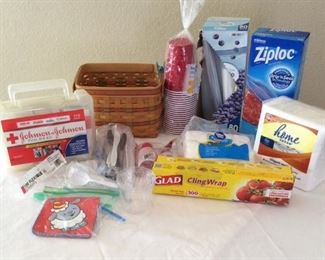 Longaberger Basket with Paper and Plastic Goods and First Aid Kit