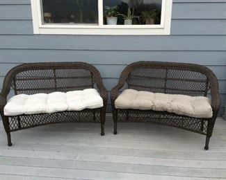 (2) Outdoor Coated Wicker Loveseats and (2) Cushions