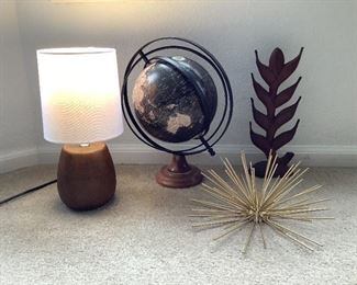 Home Decor Items Including Lamp and Globe.