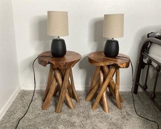 Solid Wood Nightstands and Black Lamps