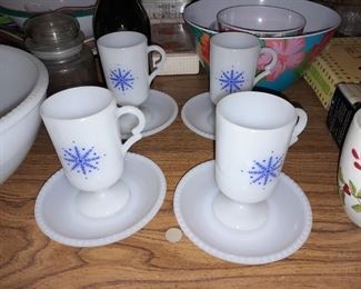Vintage Milk Glass Snowflake Bowl W/ Mugs & Saucers Set