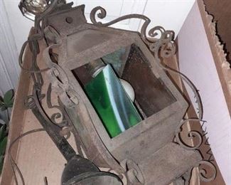Antique Hanging Lantern W/ Green Slag Glass