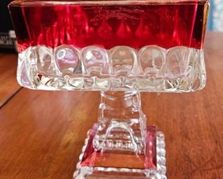 Red and clear square compote dish