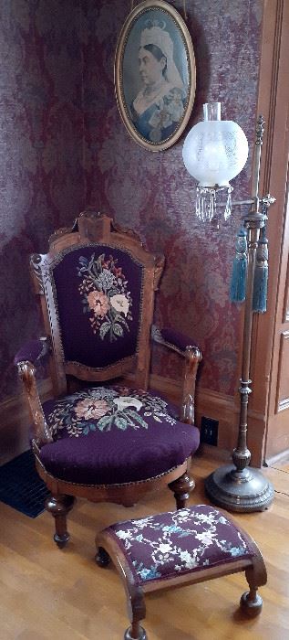 needlepoint arm chair with foot stool, glass globe floor lamp, Queen Victoria oval framed