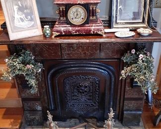 faux marble mantle clock, French andirons, antique picture