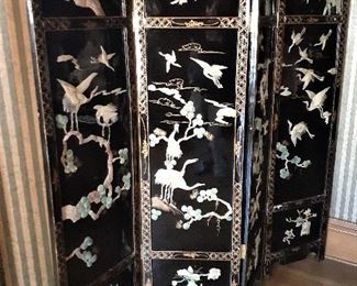 black lacquered oriental room divider w/jade and mother of pearl