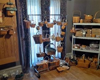 Longaberger collection of baskets including Bayberry, collectors club in original boxes, and large and small, tie-on medallions, liners, inserts, lids, and accessories, other baskets