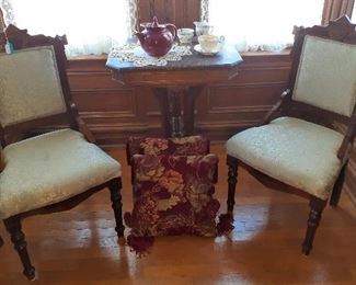 Victorian furniture, pair of Eastlake parlor chairs, marble top parlor table