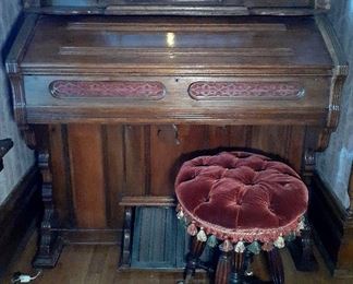 Victorian furniture, restored pump organ, tufted  glass foot stool