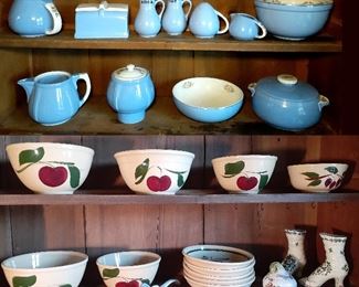 Watt Yellow Ware (apple) assorted bowls, Halls Blue Ware