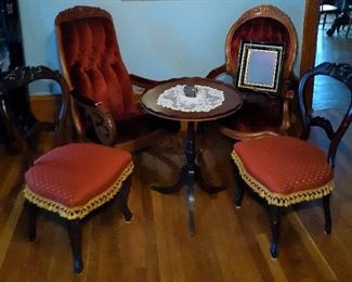 Victorian upholstered chair and rocking chair, pie crust table