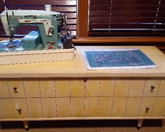 White sewing machine, mid century modern cedar chest