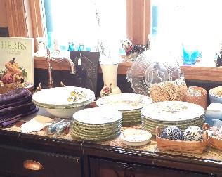 copper pot & tray, Calypso China pitcher & coffee pot, Brunnelli assorted serving pieces, Give Us This Day serving plate, Shirley Temple pitcher, Halls Blue Ware, large Hadley Pottery covered bowl, tea cozies, Kitchen Glamor copper sauce pan, West Bend bean pot