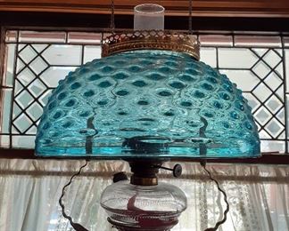 antique blue glass hanging oil lamp, hobnail, "jellyfish" lamp