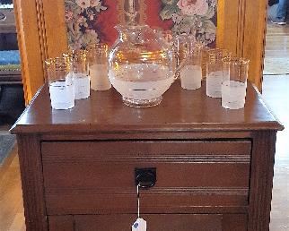 cabinet, MCM West Virginia Glass Blendo Pitcher/6 glasses, framed art
