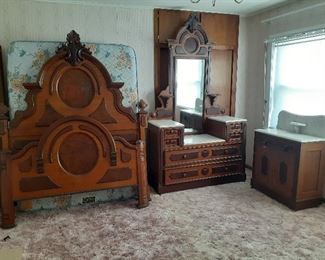 This Item Is Off Site. Arrangements can be made to view. East Lake bedroom set, marble top dresser and commode