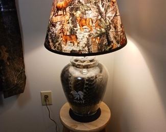 Turkey feather filled table lamp with hunting theme shade