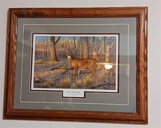 Framed buck hunting lithograph