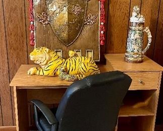 Desk and Chair, Vintage Plaster Medieval Shield Wall Hanging, Vintage Heavy Plaster Tiger
