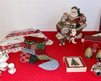 Fitz and Floyd Christmas Cookie Jar, Royal Albert Miniature Tea Set