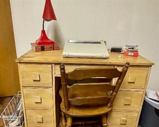 Vintage Desk, Smith Corona Typewriter, Vintage Red Desk Lamp