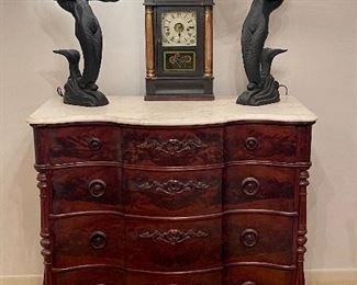Antique Marble Top Buffet, Vintage MCM Art Deco Black Mermaid Lamps, Antique Mantle Clock 