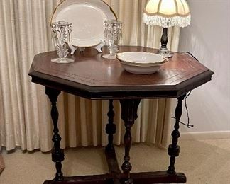 Antique Accent Table, Vintage Lamp, Vintage Crystal Candlesticks 