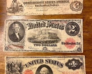 1862 Confederate $100 Bill, 1917 $1 Bill, 1917 $2 Bill