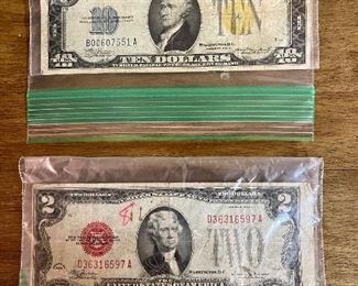 1934 A $10 Yellow Seal US Silver Certificate Bill Africa Print, 1928 $2 Red Seal Bill