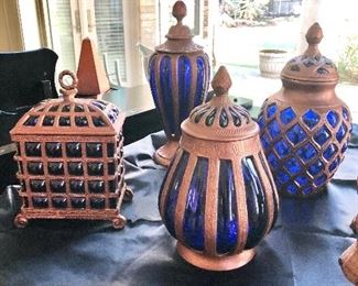 Assorted cobalt glass/metal trim pieces