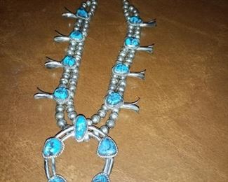 Navajo sterling and turquoise squash blossom necklace 