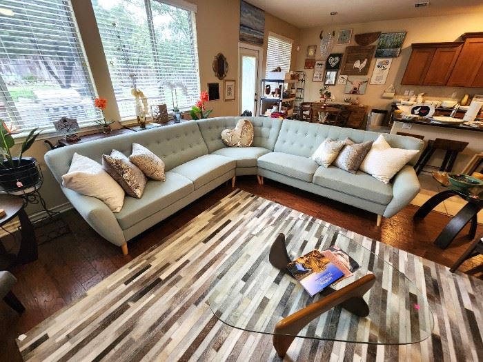 #GR1 - Buy It Now - $ 995.00 Seafoam upholstered Modern sectional sofa 35" H x 109" W x 109" D - Local Pickup Only