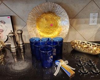 Anthropologie bowl and cobalt blue glasses