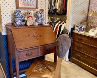Vintage Wood Writing Desk, Woven Cane Seat Wood Chair, Tapestry Clock, Teddy Bears