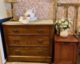 Vintage Solid Wood-Tongue and Groove 3 Drawer Dresser, Ash Bin side table, King Size Solid Brass Head and Foot Board