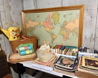 MCM Outdoor Picnic and watering Can with PlasticWare, Ephemera, 1950's World Map Huge Size