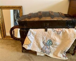 Vintage Steamer Trunk and Hand Stitched Quilt