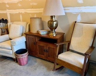 White Upholstered Chair and Vintage Rocker, Solid Wood Cabinet, Brass Light