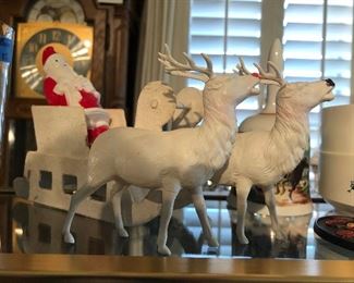 Vintage Plastic Santa & Reindeer, Mica Cardboard Sleigh