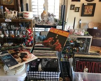 Vintage Christmas-Shiney Brites and novelty mercury glass bulbs, Santa and his Sleigh, more of the 400 plus Albums, 3 shelves of barware 