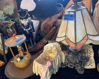Made in Germany nutcracker, Anri music box Italian, antique doll crib toy and small stained glass lamp Underwriter
