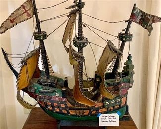 Folk Art Hand done wood Ship Spanish Galleon