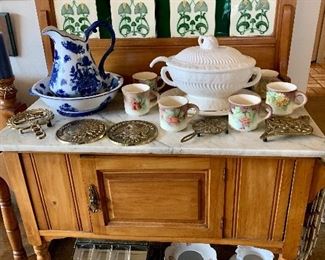 Marble Top Dry Sink, USA handpainted mugs, Brass trivets, Soup Serving set