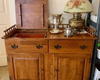 Sprague & Carleton  Copper Lined Dry Sink Solid Rock Maplewood, Antique painted shade brass lamp