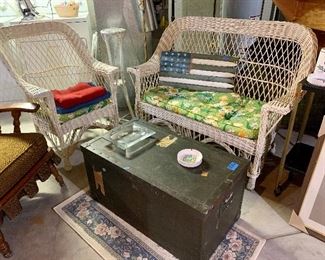 White Wicker Chair and LoveSeat, 1950's Army Green Trunk