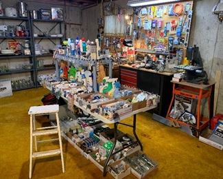 Misc. Tools, Saws, Cleaning Supplies, Craftsmans Tool Cabinet, Table Saw and Polisher, Drills, Jig Saw, Work Bench and Hardware. More not mentioned