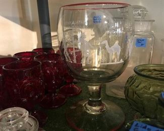 1933 Prohibition goblet most likely used for tips. L.E.Smith moon and stars red glass goblets