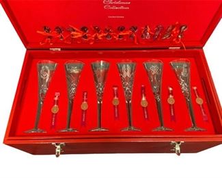 VINTAGE WATERFORD LIMITED EDITION 12 DAYS OF CHRISTMAS CHAMPAGNE FLUTE SET WITH WATERFORD CHEST
